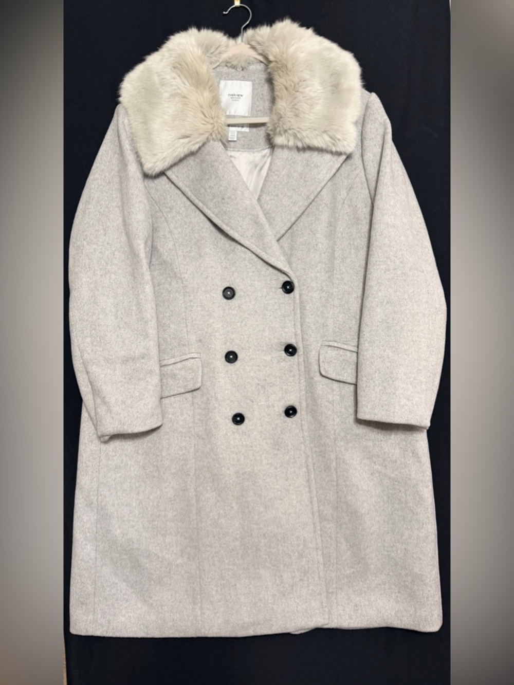 Ever New Light Gray Wool Blend Double-Breasted Coat with Faux Fur Collar Wool
